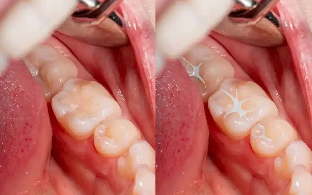 Close-up comparison of molar teeth before and after applying dental sealants, showing how sealants protect enamel from cavities
