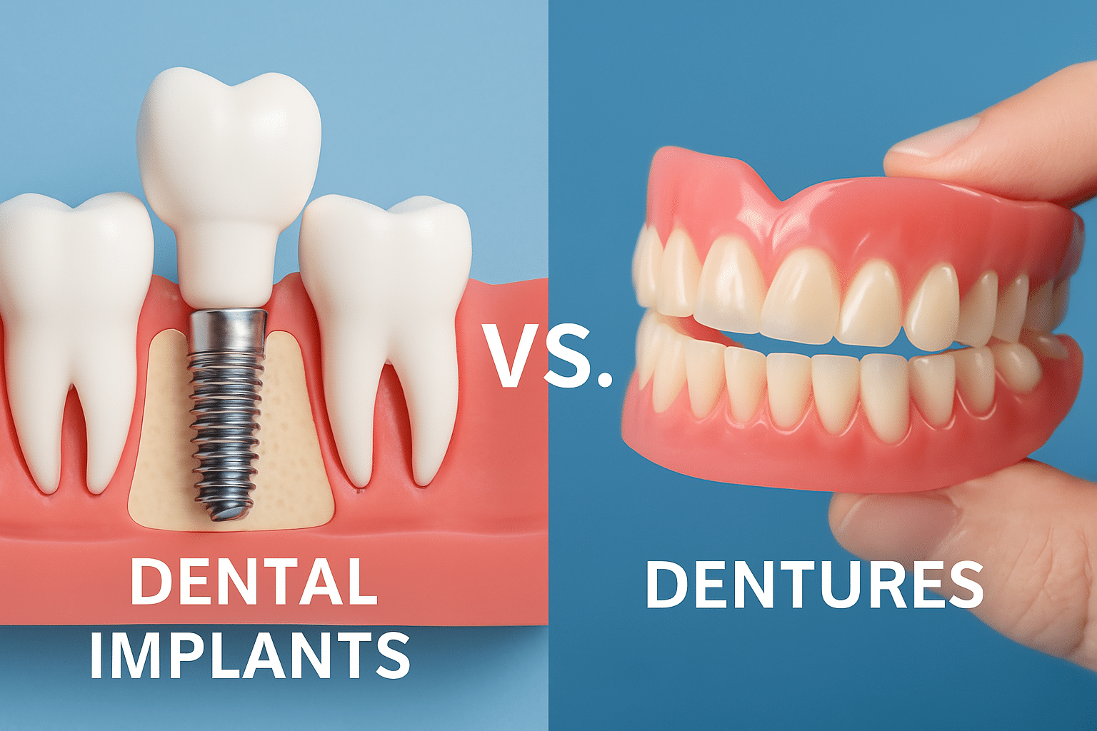 Side-by-side illustration comparing a dental implant and a removable denture, highlighting two common options for replacing missing teeth.
